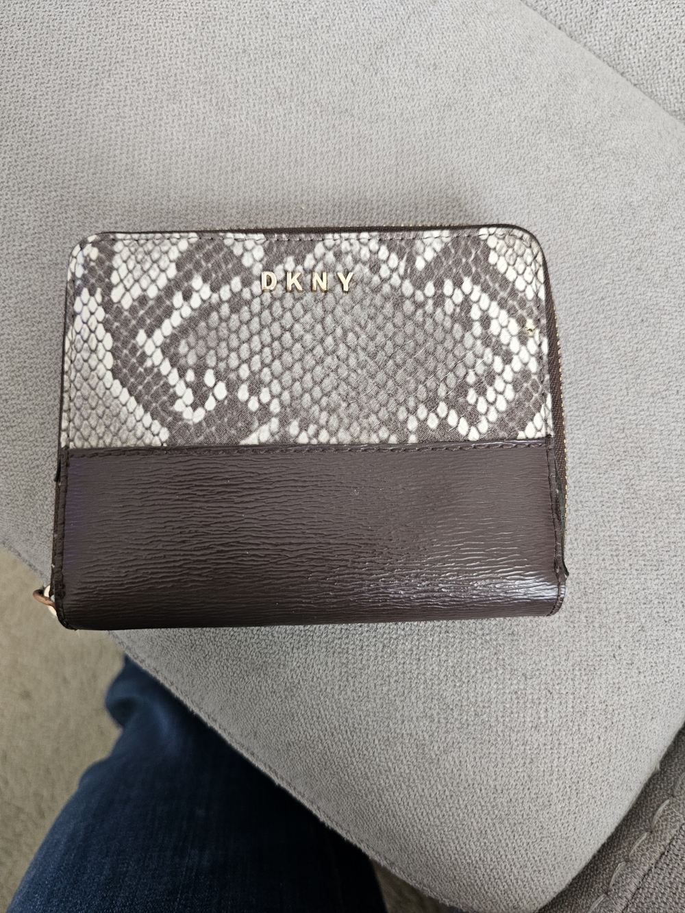 DKNY Zip-Around Brown Leather Wallet with Faux Snakeskin Trim